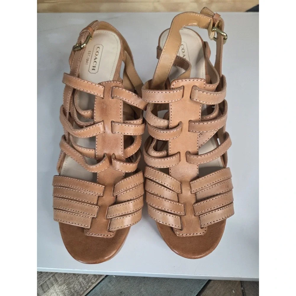 Coach Tan Camel Strappy Brown Platform Wedges‎ Sandals Shoes 9 B Gold Wood Wedge
